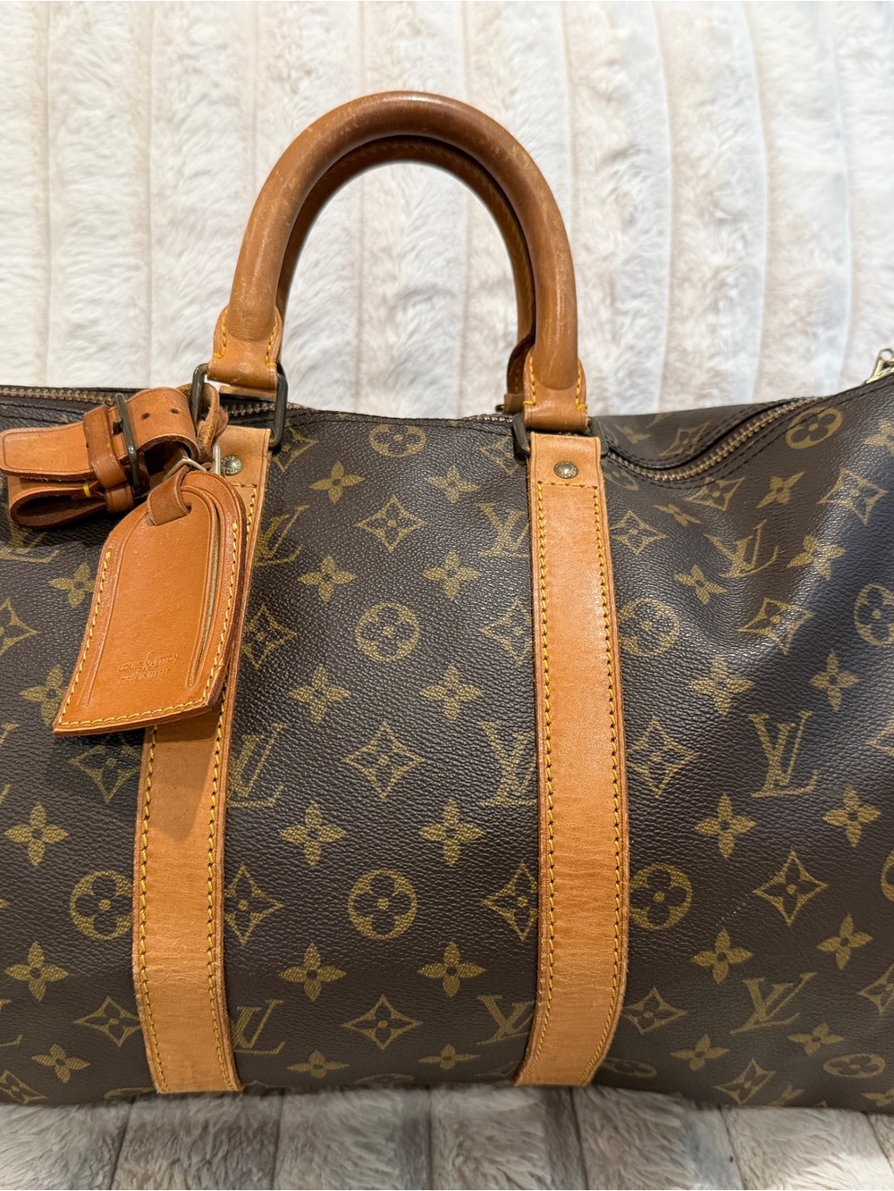 Louis Vuitton Monogram Canvas Keepall Bandolier 45 with Tan Leather Trim